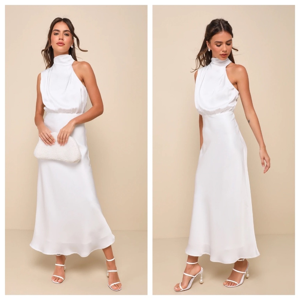 New! Lulu's Distinctive Charm White Satin Asymmetrical Midi Dress 16684